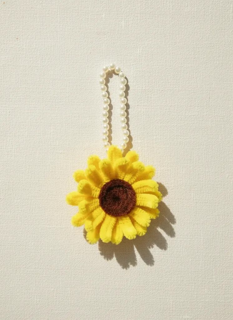 Yellow Sunflower Chenille Keychain with Pearl Detail - Handmade Gift