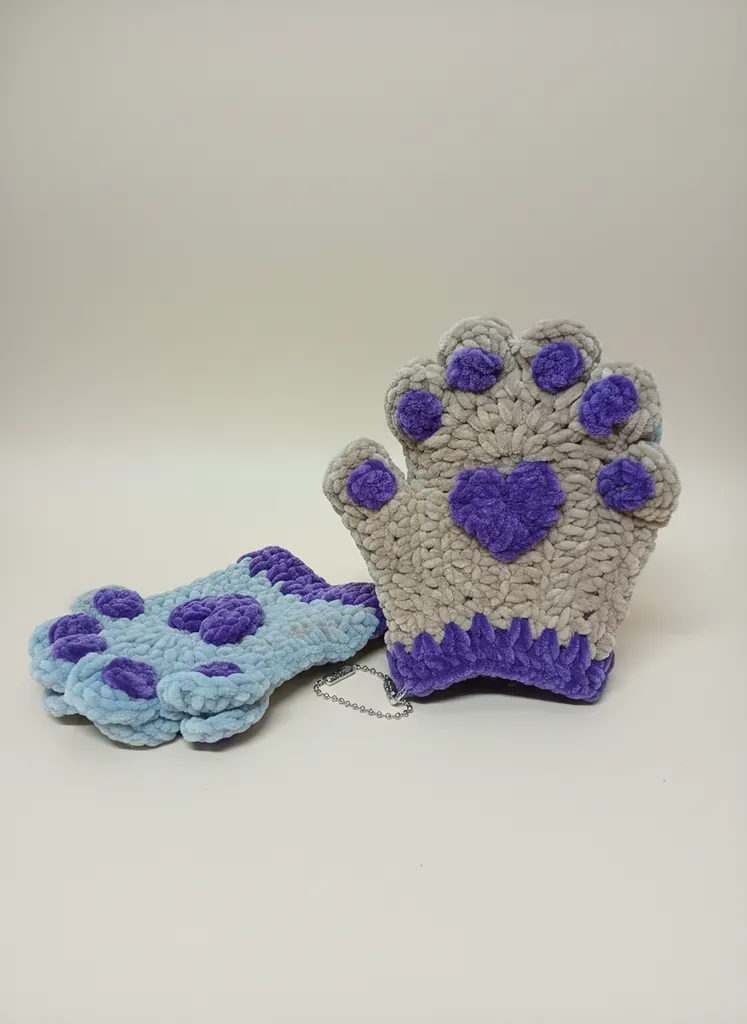 Krem ve Mor Renkli Patili Kadife Yün Parmaksız Eldiven - El Emeği