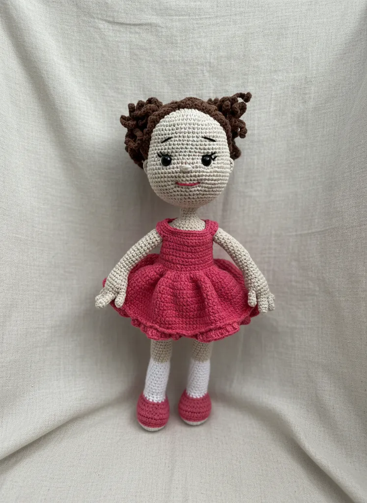 Amigurumi Oyuncak Bebek - Pembe Elbiseli, Kahverengi Saçlı - El Yapımı