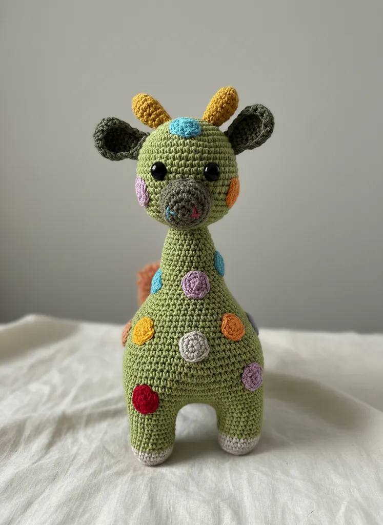 Yeşil Amigurumi Zürafa Oyuncak - Renkli Noktalı, El Yapımı Bebek Hediyesi