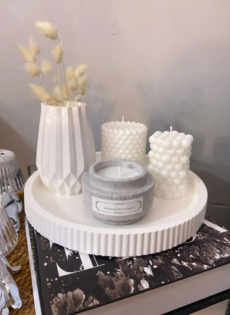 Beyaz Dekoratif Mum Seti - Beton Dokulu Obje, Bubble Mum ve Vazo