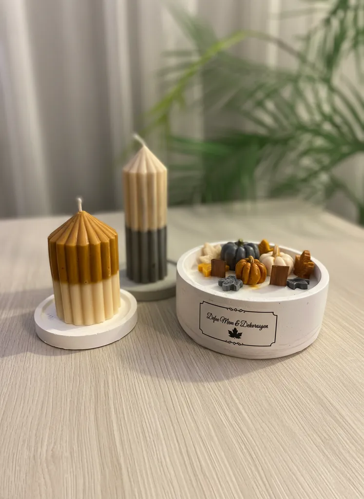 Sonbahar Temalı Dekoratif Beton Mum Seti - Sütun Mum ve El Yapımı
