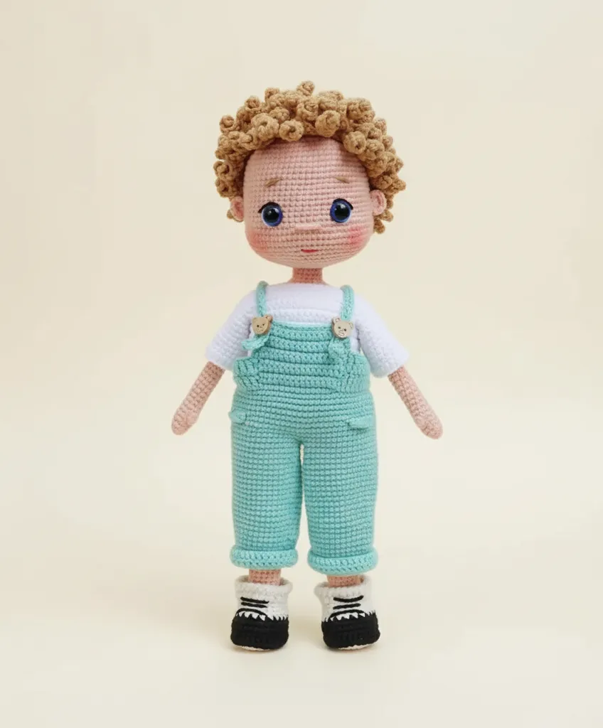 Amigurumi Erkek Bebek - Mavi Tulumlu, El Yapımı Oyuncak Bebek