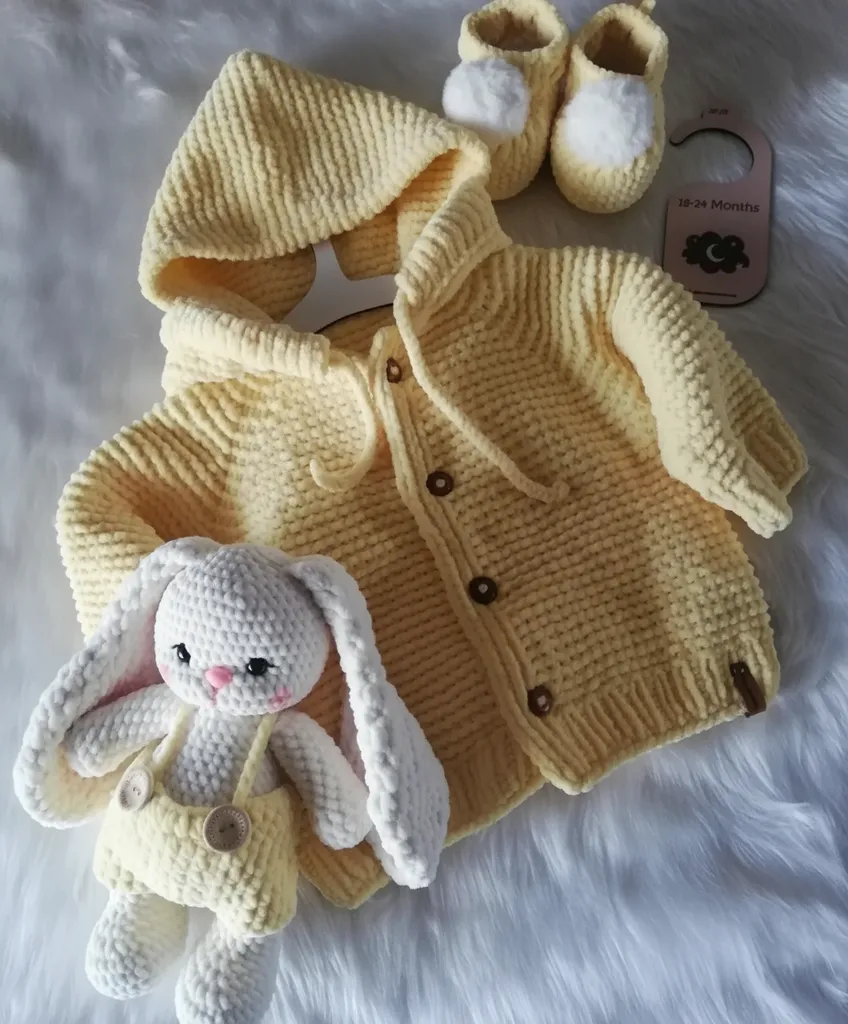 Sarı Kadife Bebek Hırka, Patik ve Tavşan Oyuncak Seti - El Emeği