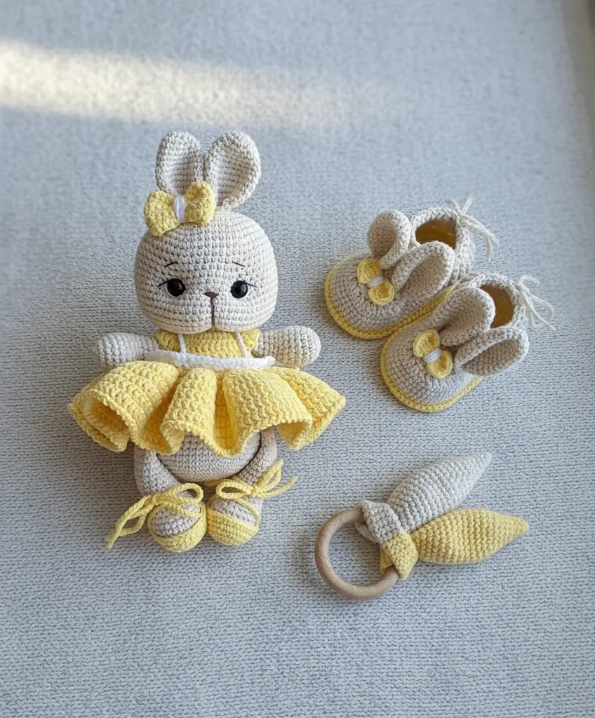 Sarı Elbiseli Amigurumi Tavşan Oyuncak ve Bebek Patik Seti