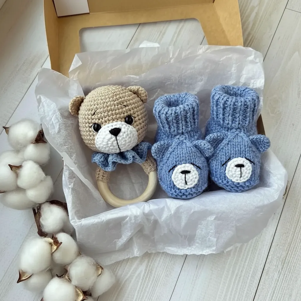 Mavi Ayıcıklı Örgü Bebek Patik ve Amigurumi Oyuncak Hediye Seti