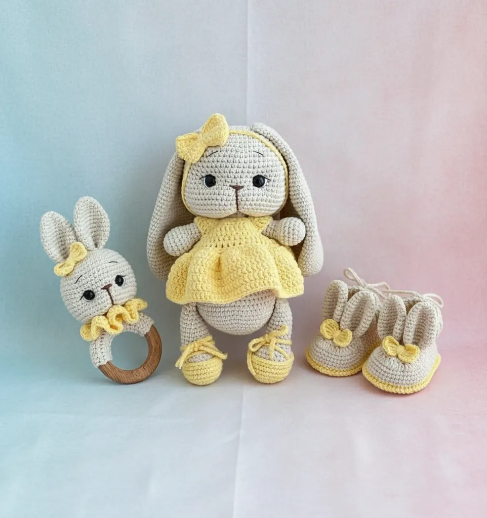 Amigurumi Tavşan Oyuncak ve Patik Seti - Uzun Kulaklı Tombik 3'lü