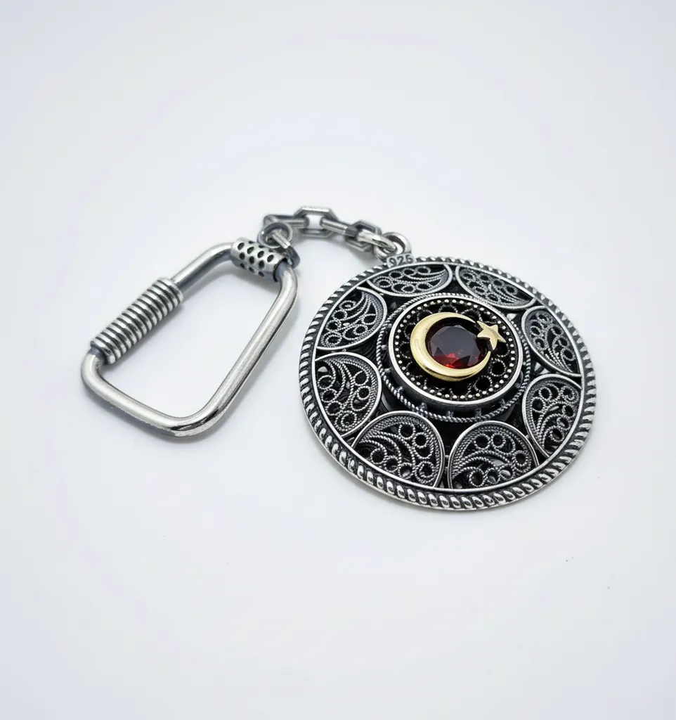 925 Sterling Silver Filigree Embroidered Crescent Star Keychain - Zircon Stone