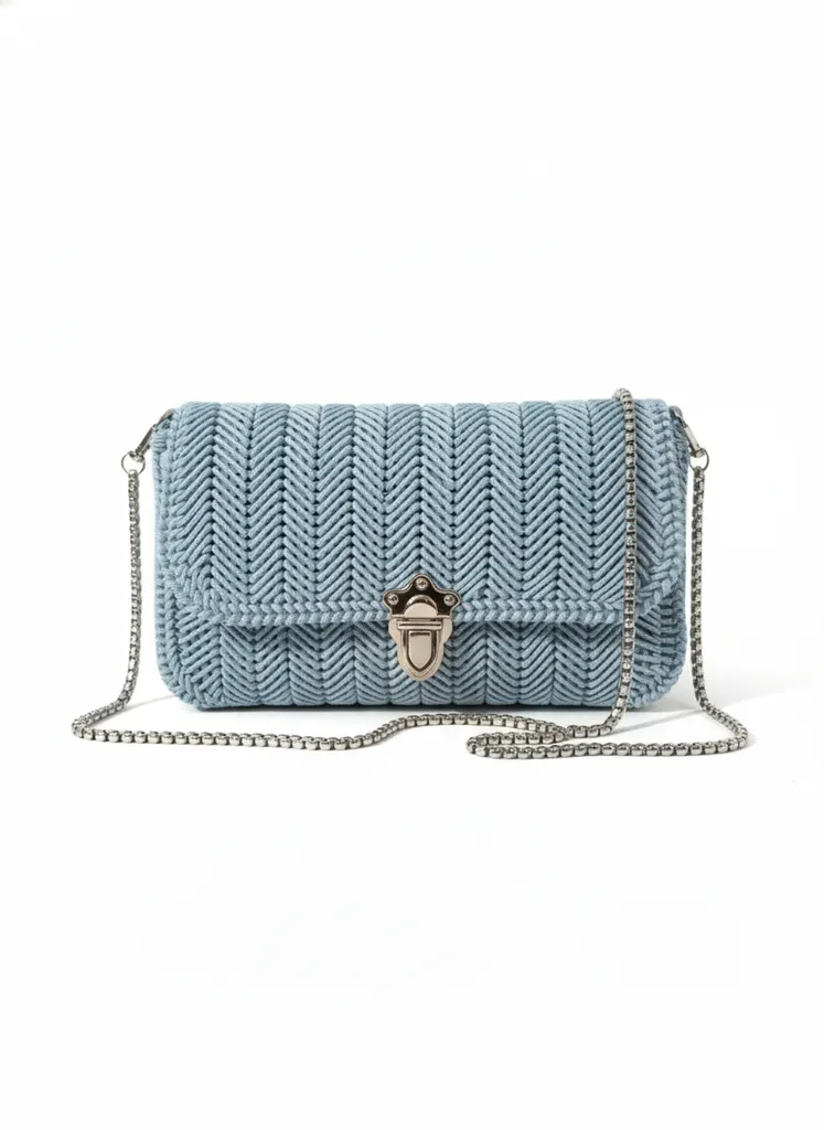 Mavi Makrome Örgü Zincir Askılı Kanvas Omuz Çantası - El Yapımı