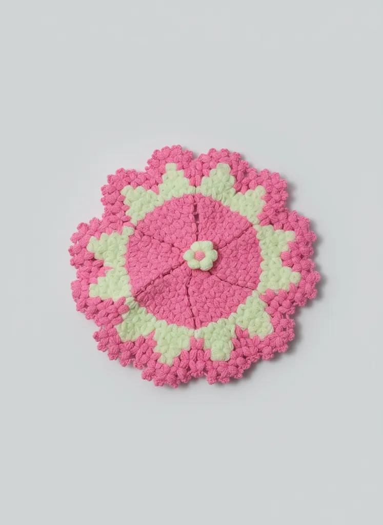 Pink and Green Floral Pattern Knitted Bath Loofah - Handmade