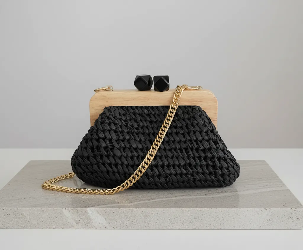 Siyah Rafya Örgü Ahşap Burslu Çanta - Zincir Askılı, Astarlı