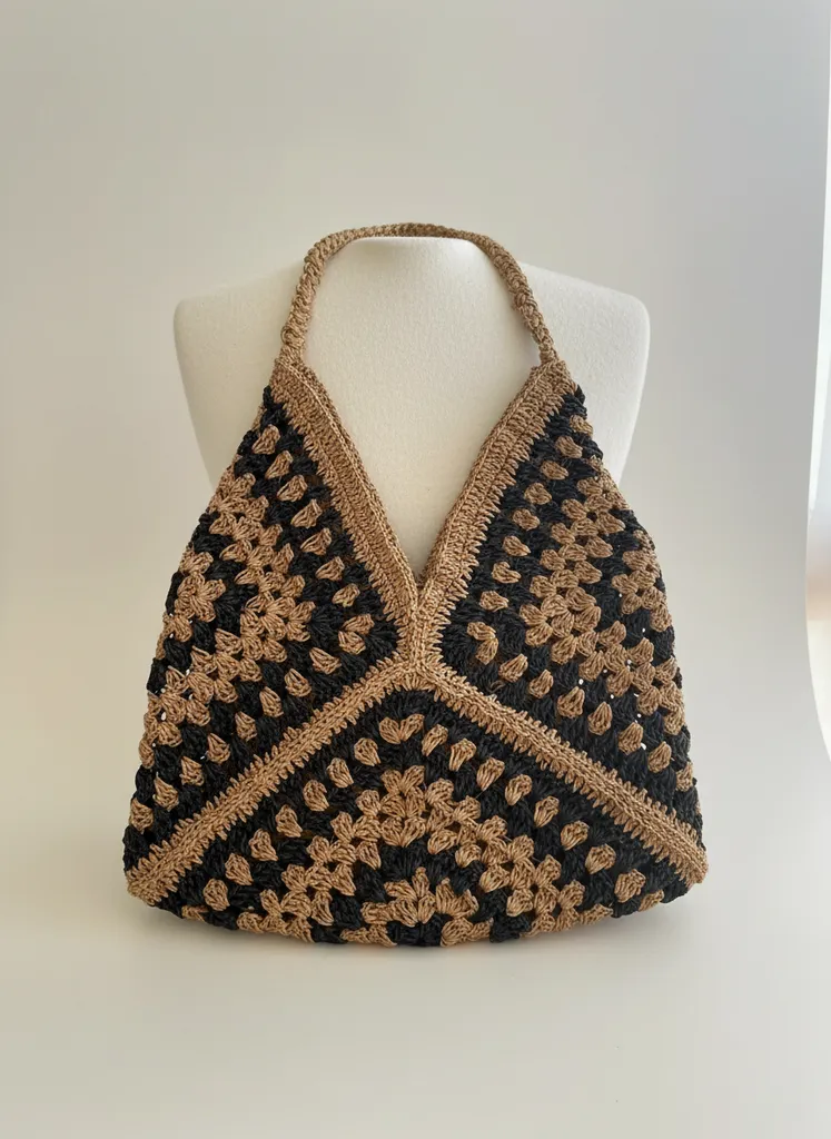 Siyah ve Krem Renkli Örgü Desenli Hasır Plaj Çantası - El Emeği