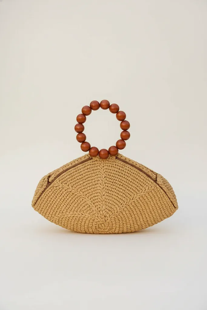 Rafya Örgü Çanta - Ahşap Saplı, Çıtçıtlı, Astarlı Kayık Model