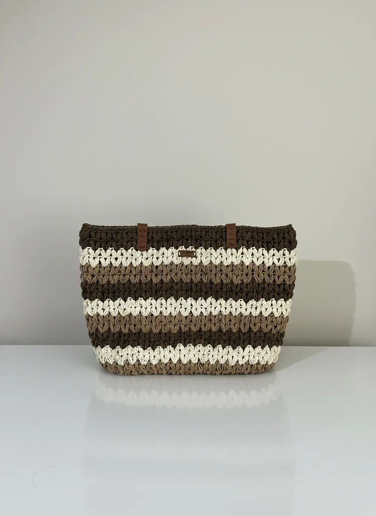 Kahverengi ve Krem Renkli Fıstık Model Örgü Çanta - El Emeği