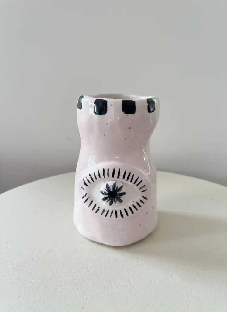 Pembe Göz Desenli Dekoratif Seramik Vazo - El Yapımı Tasarım