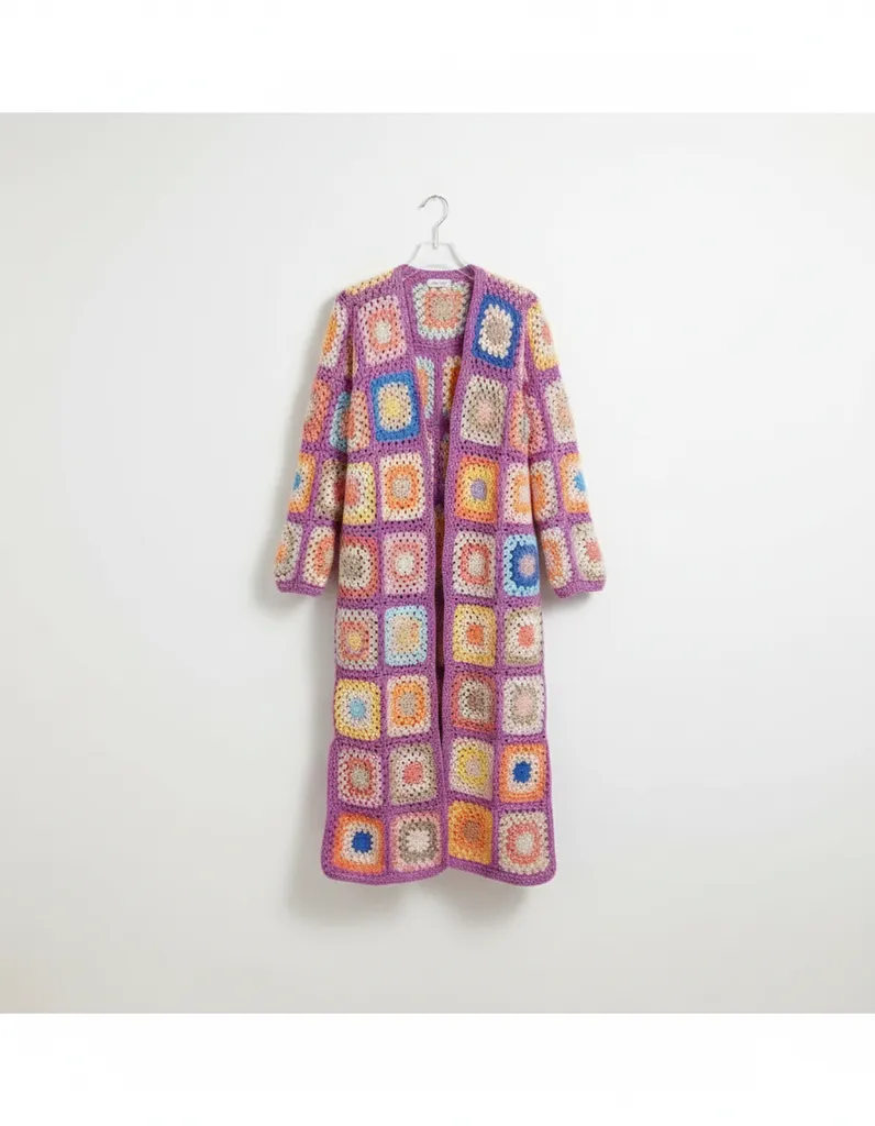 40-42 Beden Tığ İşi El Örgüsü Kare Motifli Hediyelik Hırka, Mor Uzun Hırka