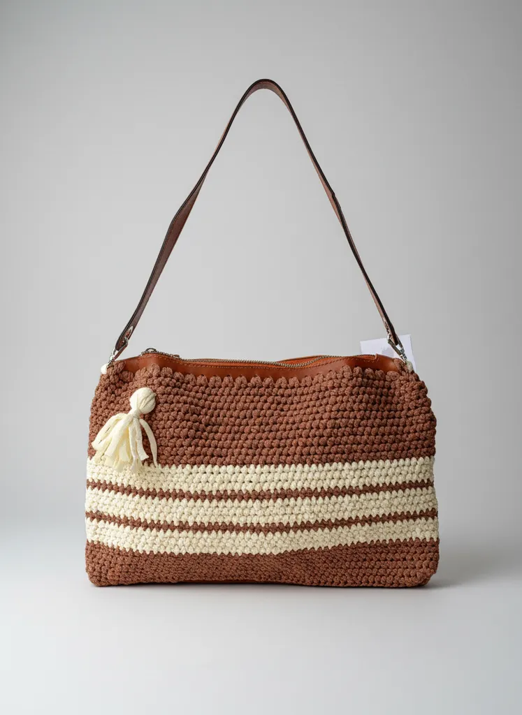 Kahverengi Örgü Omuz Çantası - Robin İpliği ve Fermuarlı Tasarım