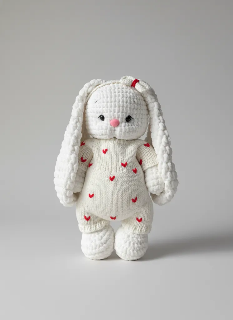 Beyaz Örgü Tavşan Oyuncak - Kalpli Desenli Sevimli Göbüşlü Tasarım
