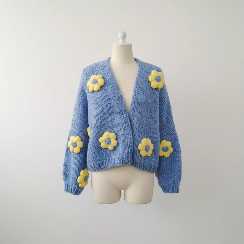 Mavi Papatya Desenli Örgü Hırka - Crop Model, 44 Beden - El Örgüsü