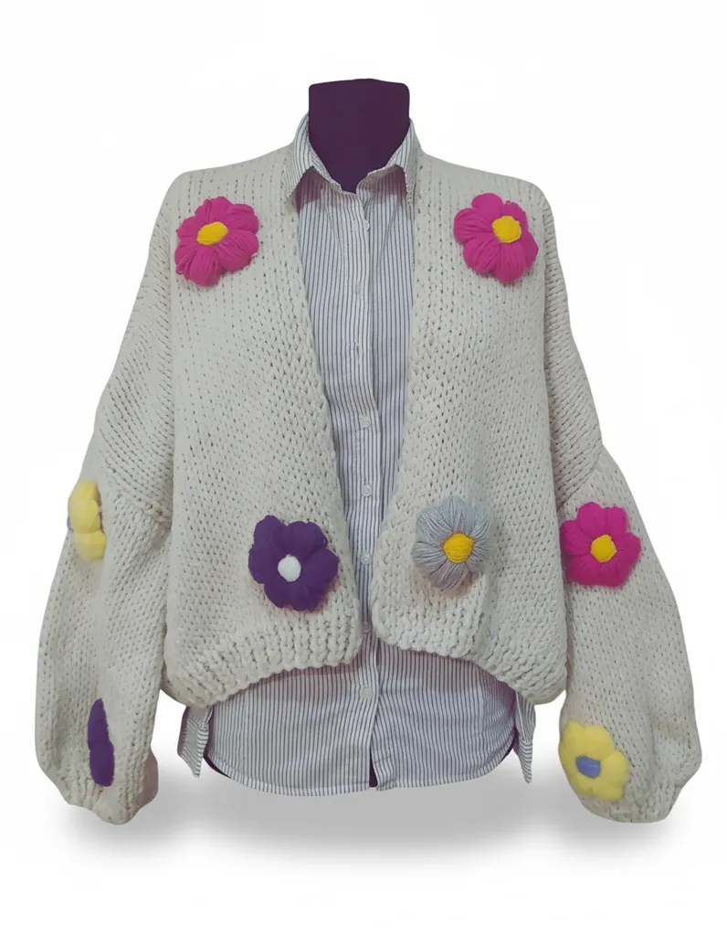 Krem Renkli Papatya Desenli Crop Örgü Hırka - 42 Beden