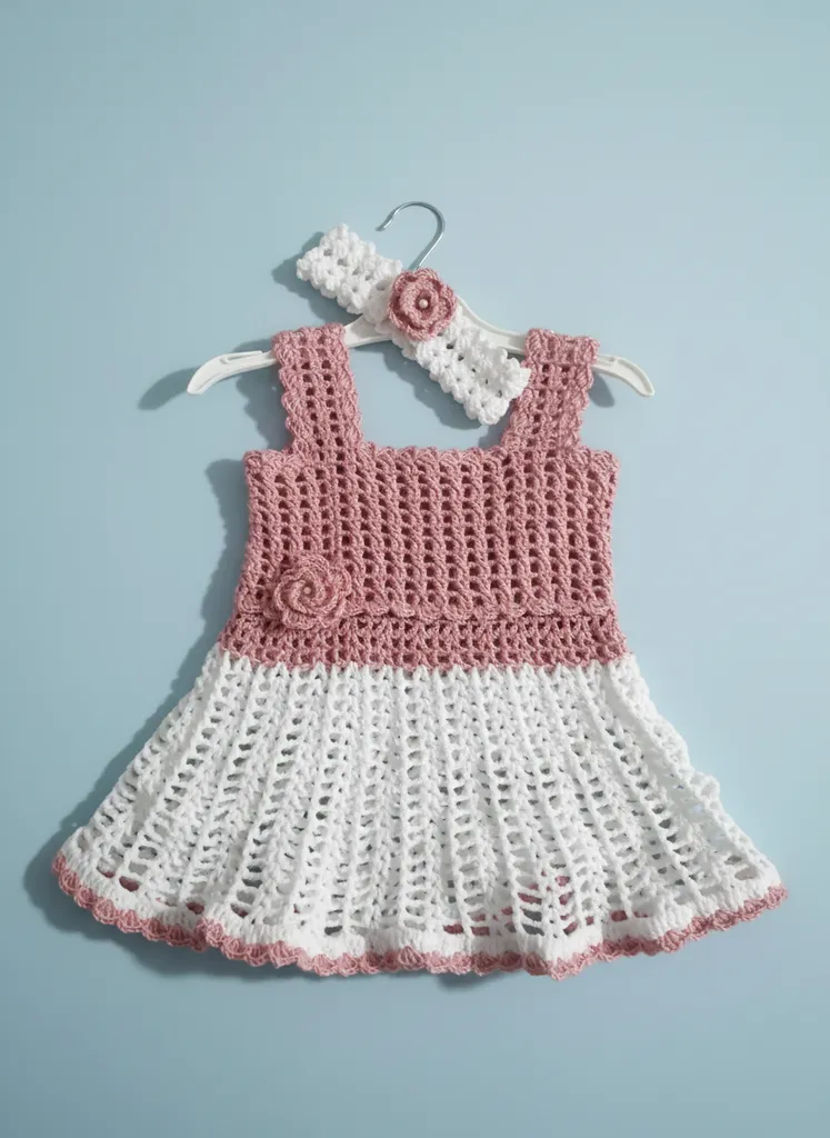 Pembe ve Beyaz Örgü Bebek Elbisesi - Saç Bandı Hediyeli, 2-3 Yaş