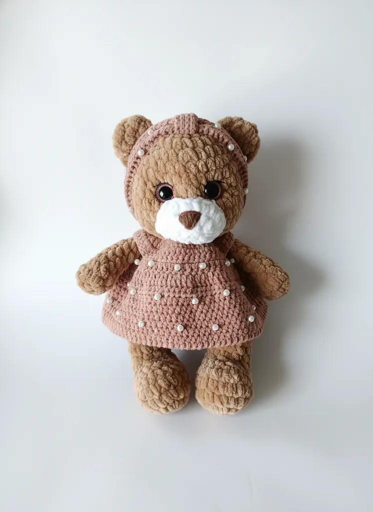 Kahverengi Örgü Peluş Ayıcık - İnci Detaylı El Yapımı Oyuncak