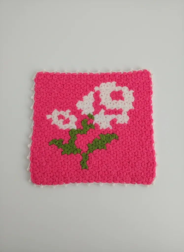 Pink Background White Rose Patterned Knitted Bath Loofah - Handmade