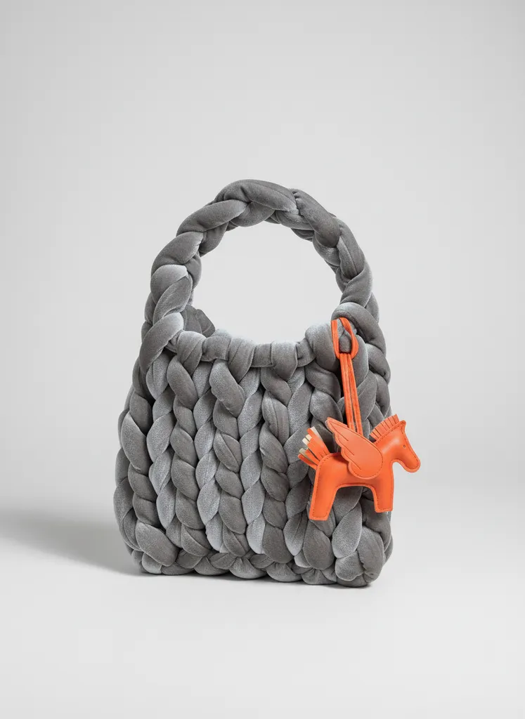 Gri Renk Örgü Kadife Çanta - Turuncu Kuş Detaylı El Çantası