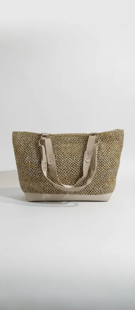 Metalik İpli Örgü Omuz Çantası - Bej Deri Saplı, El Yapımı