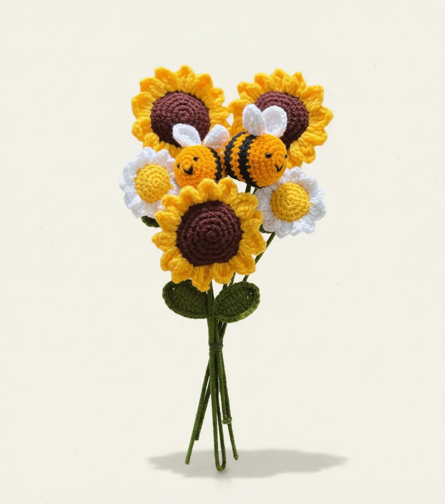 Sarı Ayçiçek ve Arı Temalı Amigurumi Buket - El Yapımı Hediye