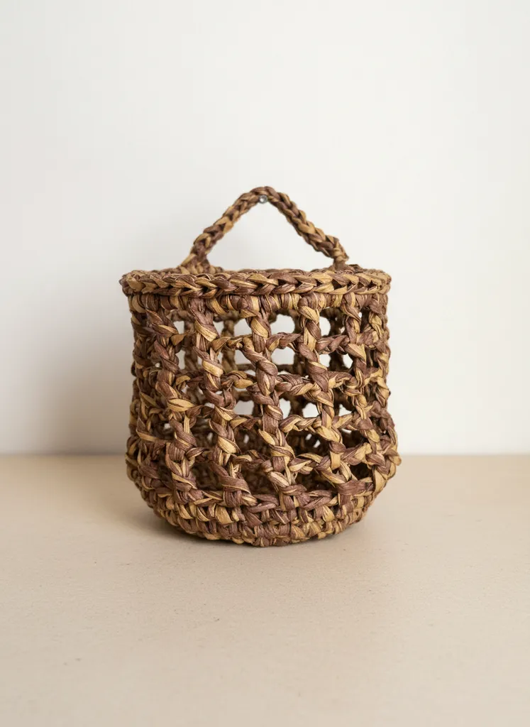 Kahverengi Kağıt İp Örgü Çok Amaçlı Sepet - Askılı El Emeği