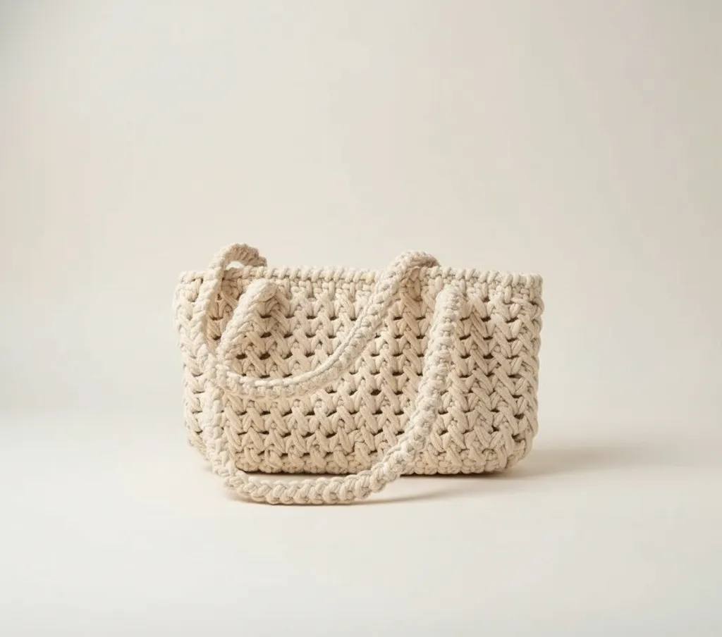 Krem Rengi Makrome Örgü Omuz Çantası - El Yapımı Şık Tasarım