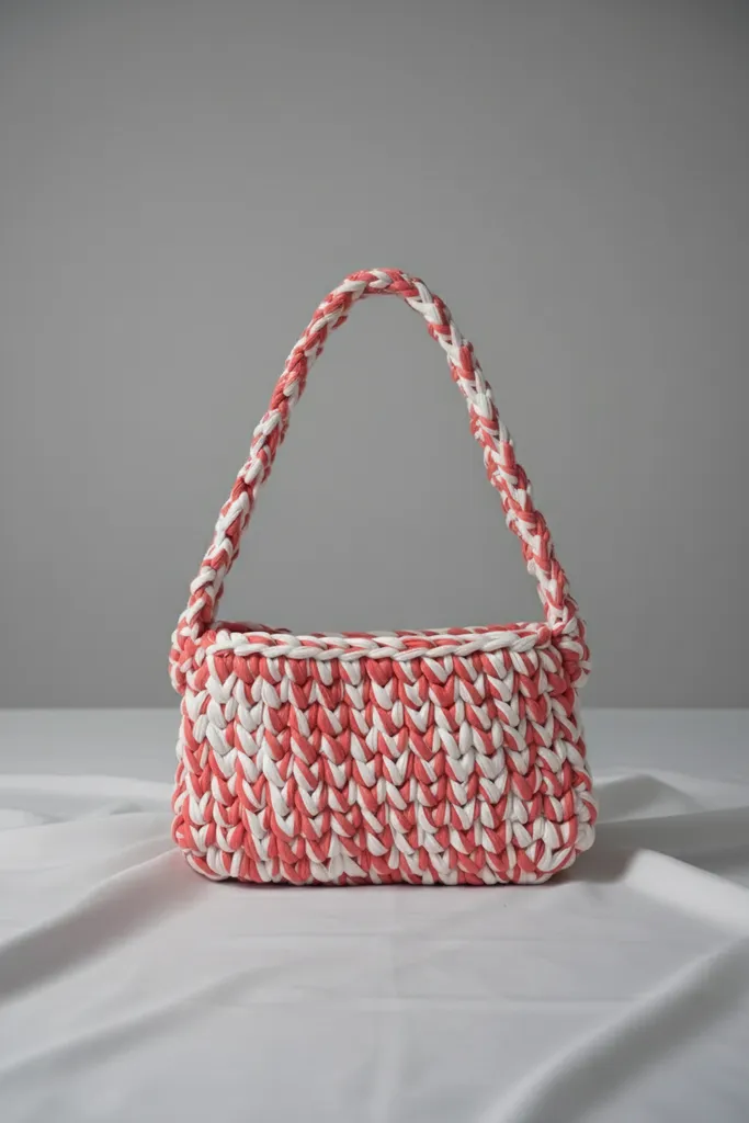 Pembe Beyaz Renkli Penye İpten Örme Omuz Çantası - El Örgüsü