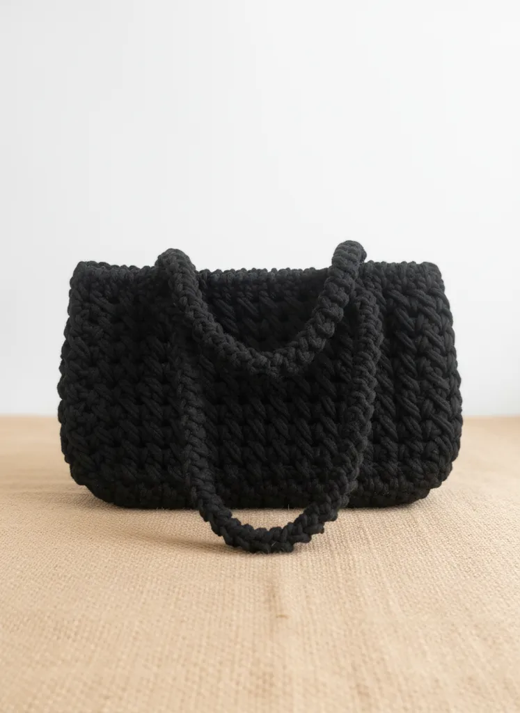 Siyah Örgü Omuz Çantası - Pamuk İpliği ile El Yapımı Şık Tasarım