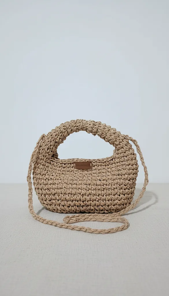 Kağıt İpten Örme Omuz ve El Çantası - Bej Rengi - El Emeği
