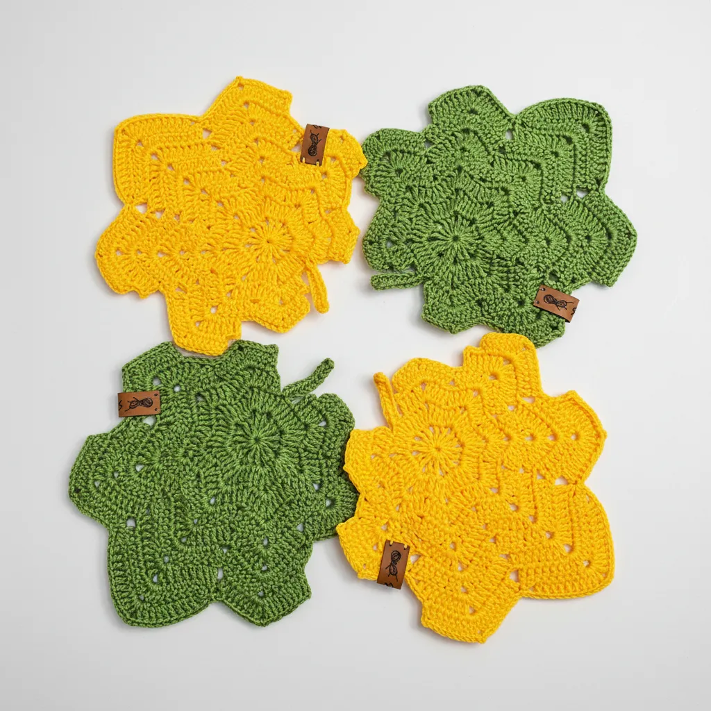 Yeşil Sarı Yaprak Desenli Örgü Tabak Bardak Altlığı - 4'lü Set