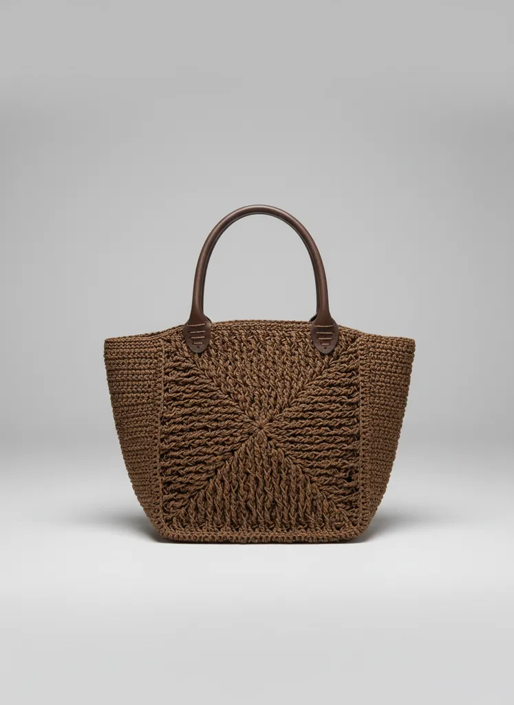 Kahverengi Kağıt İp Örgü Omuz Çantası - Deri Detaylı Mozaik Desen