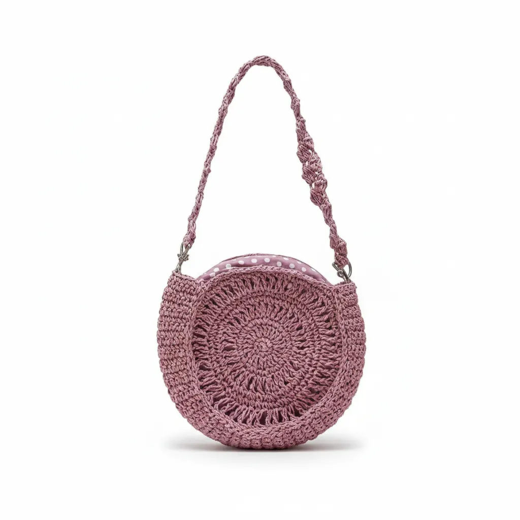 Pembe Örgü Desenli Yuvarlak Çapraz Omuz Çantası - El Emeği