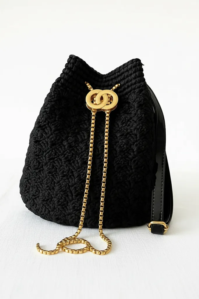 Siyah Rafya Örgü Torba Çanta - Gold Detaylı Zincir Askılı Şık Tasarım