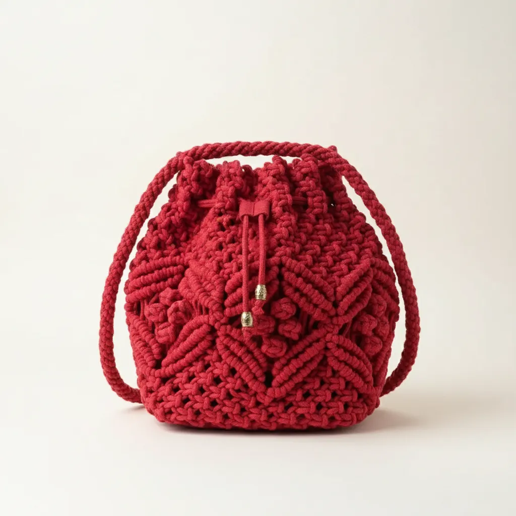 Kırmızı Makrome İpliği Torba Çanta - Bohem Tarzı El Yapımı