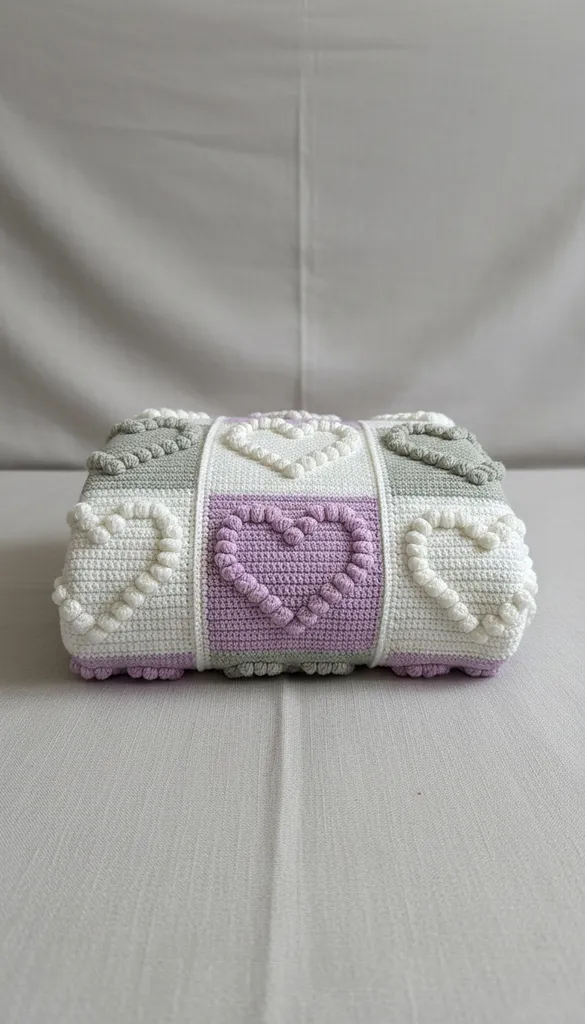 Örgü Kalpli Popcorn Bebek Battaniyesi - 90x90 cm - El Emeği