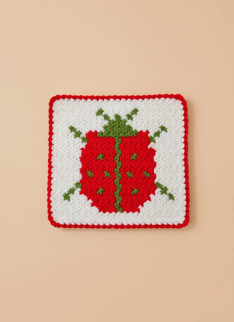 Red Ladybug Pattern Knitted Bath Puff - Handmade