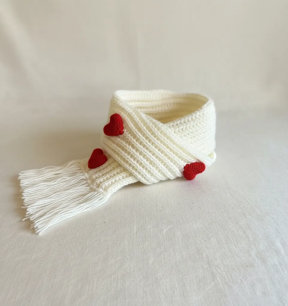 Krem Renkli Kalp Desenli Örgü Atkı - Yumuşak Dokulu, El Emeği