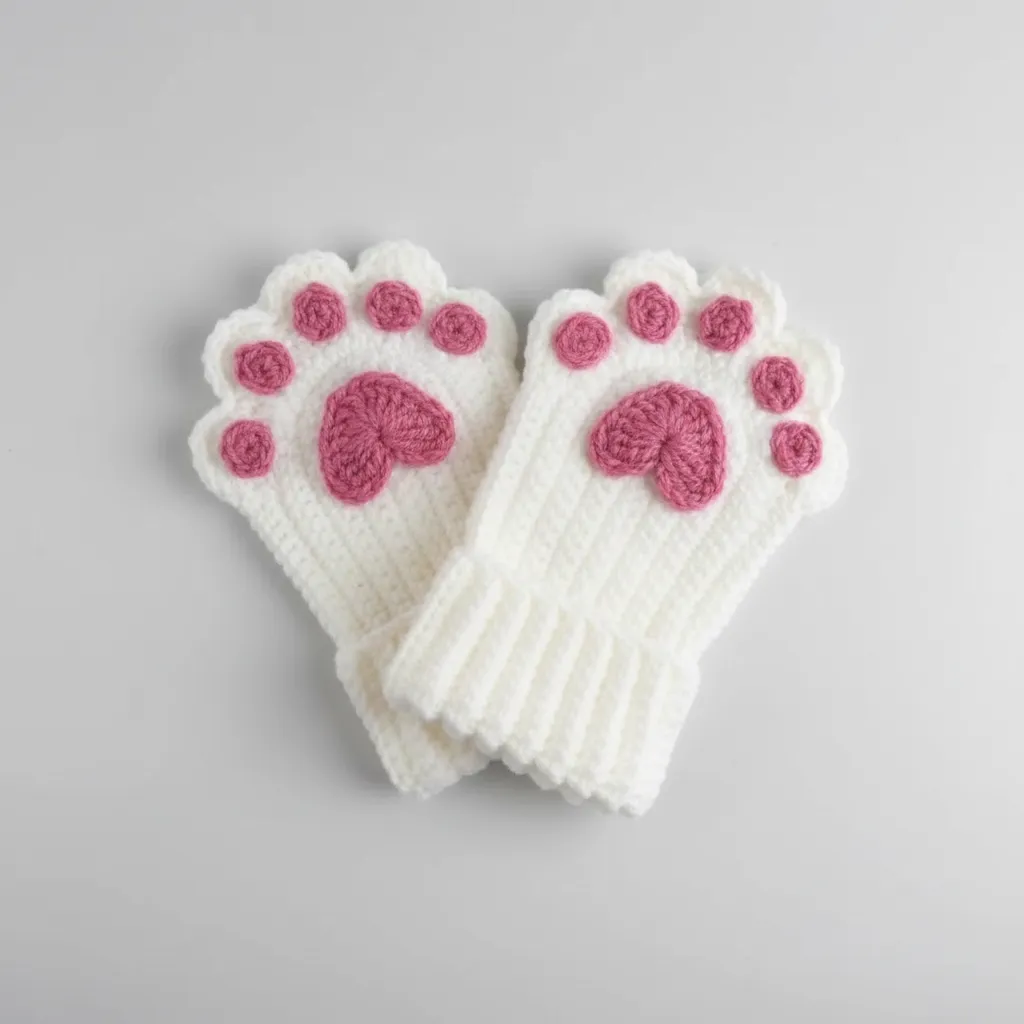 Beyaz Örgü Parmaksız Eldiven - Pembe Pati Desenli, El Emeği