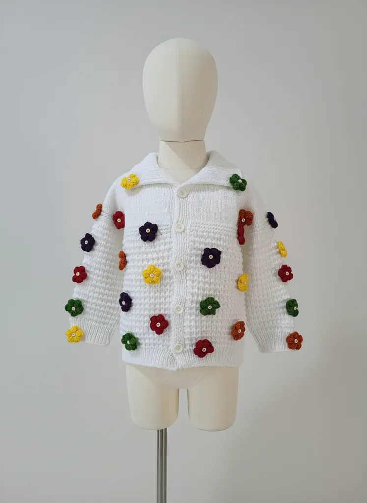 Kız Çocuk Beyaz Örgü Hırka - Çiçek Desenli, El İşi Örgü Ceket