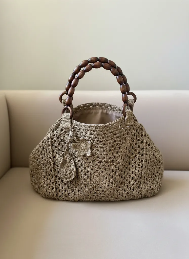 Makrome İpinden Tığ İşi Heybe Çanta - Ahşap Saplı Büyük Boy Astarlı