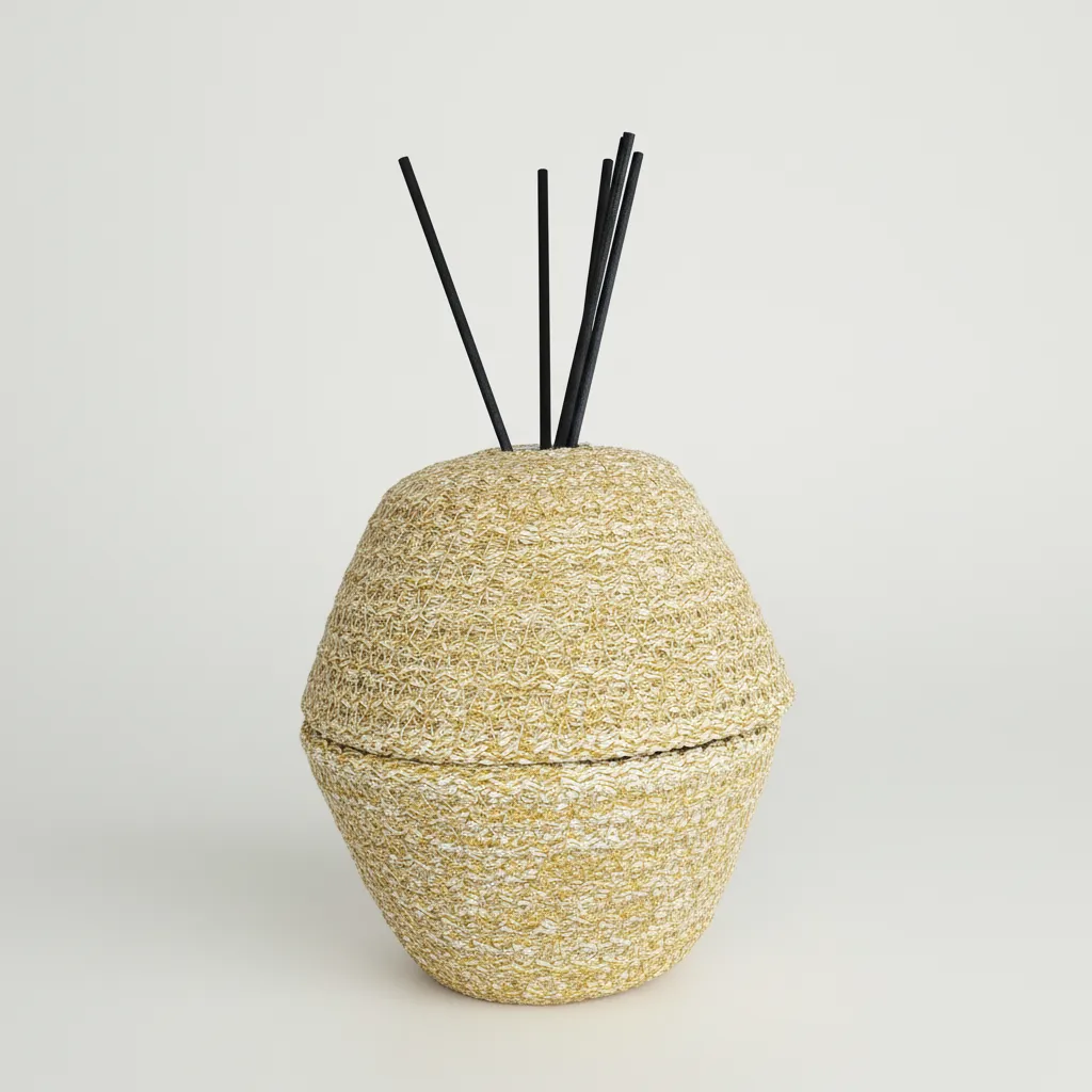 Sarı Hasır Desenli Dekoratif Oda Parfümü Kabı ve Organizer 15 cm