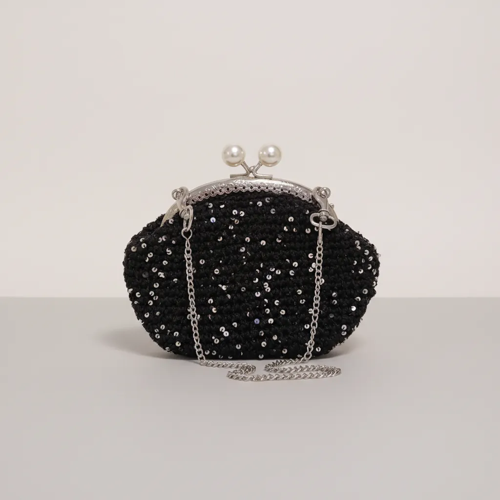 Siyah Pullu Örgü Portföy Çanta - Zincir Askılı, Özel Tasarım