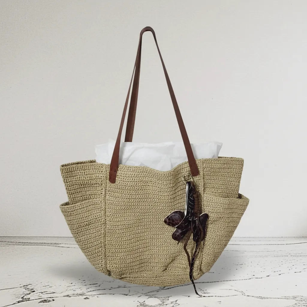 Hasır Görünümlü Kağıt İpten Büyük Omuz Çantası - Kahverengi Detaylı