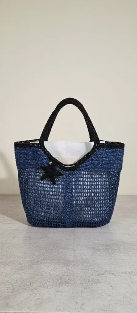 Lacivert Metalik İpli Örgü Omuz Çantası - Astarlı, Cepli, Büyük Boy